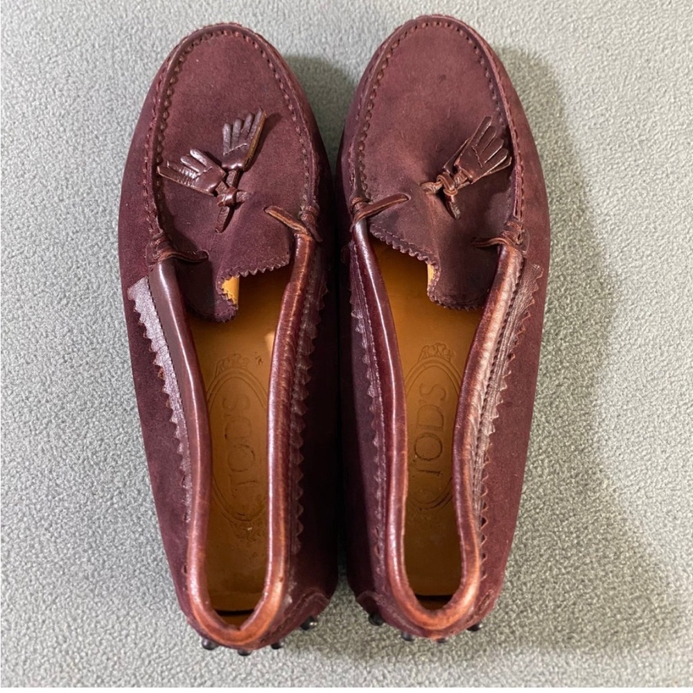 TOD'S Burgundy Leather Suede Loafer Flats Size 6 Women's Shoes